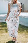 White Striped Floral Print Sleeveless Maxi Dress with Pocket-Dresses-MomFashion