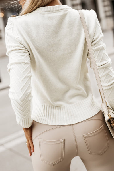 White Textured Knit Button Decor Pullover Sweater-Tops-MomFashion