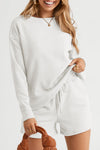 White Textured Long Sleeve Top and Drawstring Shorts Set-Loungewear-MomFashion