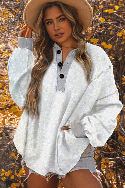 White Textured Side Pockets Buttoned Neckline Sweatshirt-Tops-MomFashion