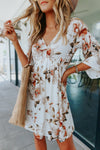 White V Neck 3/4 Sleeve Floral Dress-Dresses-MomFashion