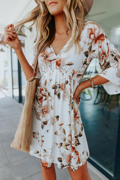 White V Neck 3/4 Sleeve Floral Dress-Dresses-MomFashion