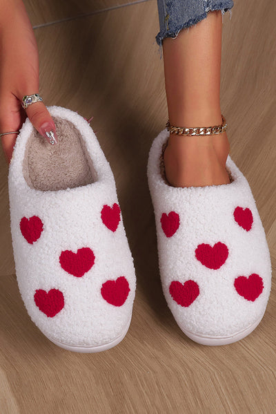 White Valentines Day Hearts Print Plush House Slippers-Shoes & Bags-MomFashion