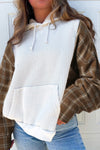 White Waffle Patch Plaid Sleeve Kangaroo Pocket Hoodie-Tops-MomFashion