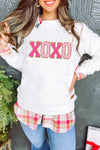 White XOXO Glitter Chenille Cable Knit Pullover Sweatshirt-Tops-MomFashion