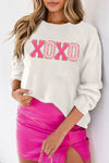 White XOXO Glitter Print Round Neck Casual Sweater-Tops-MomFashion