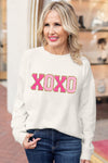 White XOXO Glitter Print Round Neck Casual Sweater-Tops-MomFashion