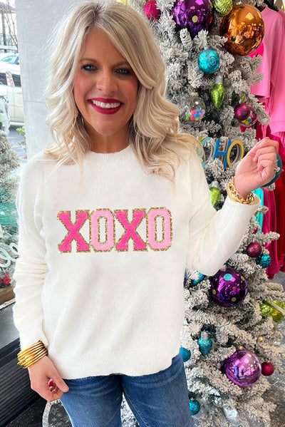 White XOXO Glitter Print Round Neck Casual Sweater-Tops-MomFashion