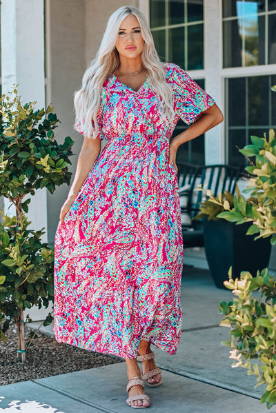 Wrap V Neck Floral Maxi Dress-Dresses-MomFashion