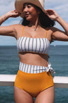 Yellow 2pcs Contrast Striped Tie High Waist Bikini Swimsuit-Swimwear-MomFashion