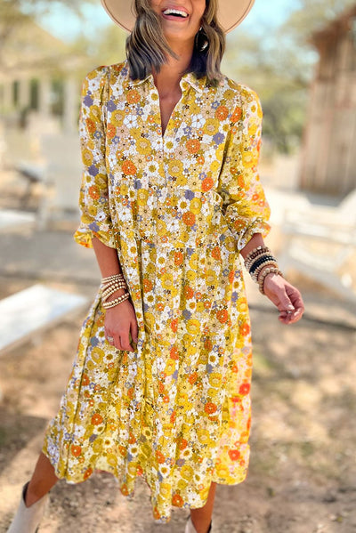 Yellow Boho Floral Collared Long Sleeve Ruffled Dress-Dresses-MomFashion