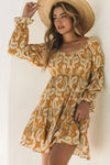 Yellow Boho Paisley Long Sleeve Floral Dress-Dresses-MomFashion