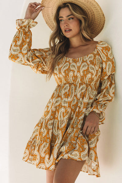 Yellow Boho Paisley Long Sleeve Floral Dress-Dresses-MomFashion