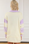 Yellow Colorblock Striped Split Neck Collared Sweatshirt-Tops-MomFashion