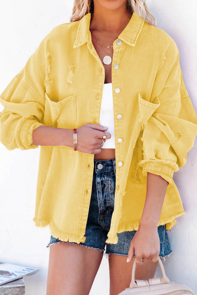 Yellow Distressed Fringe Trim Denim Jacket-Outerwear-MomFashion