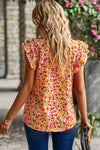 Yellow Floral Print Flutter Sleeve V Neck Tank Top-Tops-MomFashion