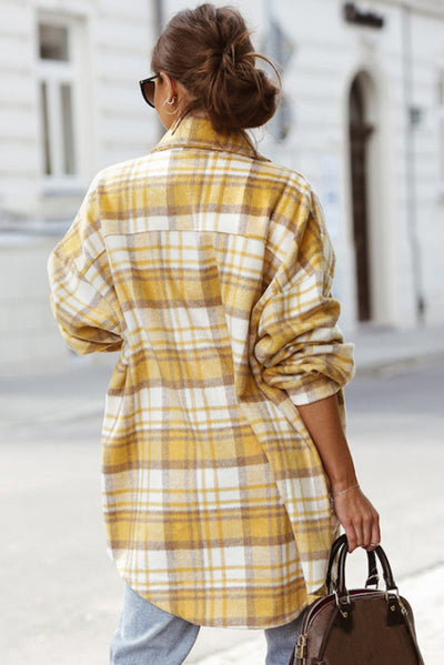 Yellow Plaid Flap Pocket Long Sleeve Shacket-Outerwear-MomFashion