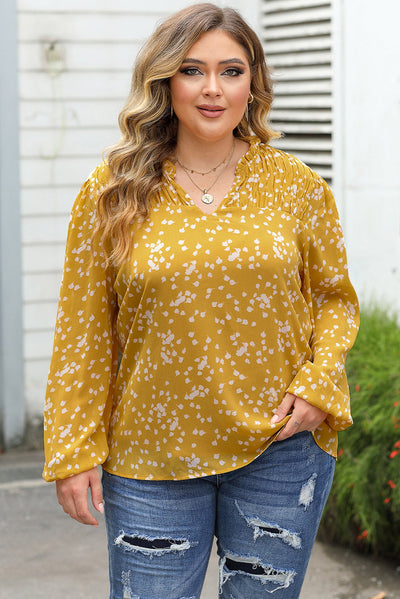 Yellow Plus Size Floral Print Ruched Split Neck Blouse-Plus Size-MomFashion