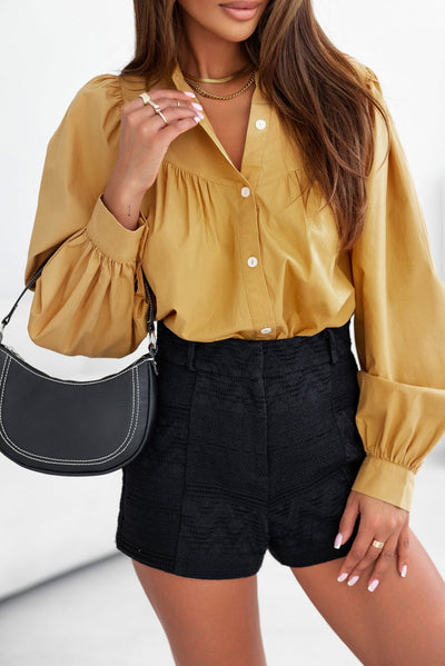 Yellow Puff Sleeve Pleated Loose Shirt-Tops-MomFashion