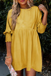 Yellow Solid Shirred Cuffs Short Swing Dress-Dresses-MomFashion