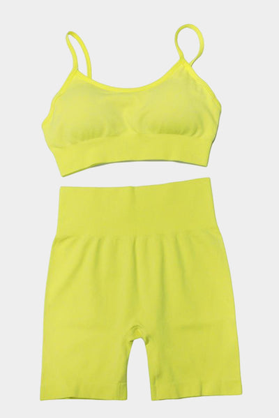 Yellow Spaghetti Straps Seamless Yoga Short Set-Activewear-MomFashion