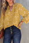 Yellow Split Neck Fall Printed Crinkled Blouse-Tops-MomFashion