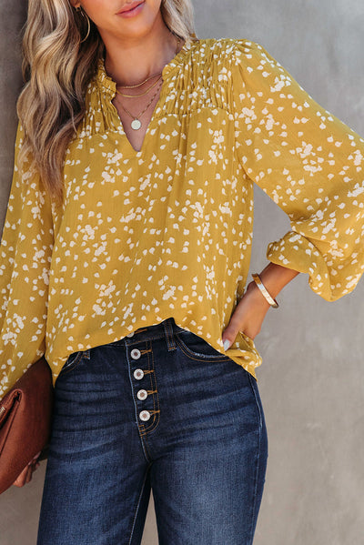 Yellow Split Neck Fall Printed Crinkled Blouse-Tops-MomFashion