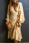 Yellow V Neck Wrap Lace up Bubble Sleeve Floral Dress-Dresses-MomFashion