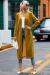 Yellow Velvet Open Front Pocketed Long Duster-Tops-MomFashion