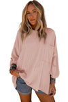 Pink Ribbed Roll-tab Sleeve Chest Pocket Oversize Top-Tops-MomFashion