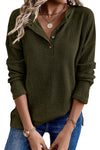 Jungle Green Rib Textured Henley Knit Top-Tops-MomFashion