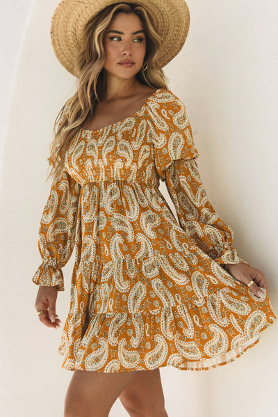 Yellow Boho Paisley Long Sleeve Floral Dress-Dresses-MomFashion