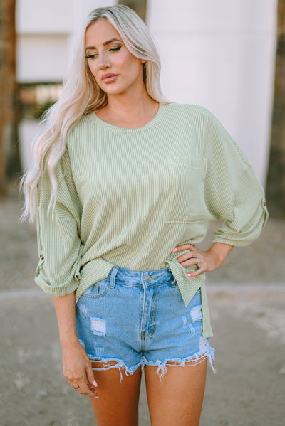 Green Ribbed Roll-tab Sleeve Chest Pocket Oversize Top-Tops-MomFashion