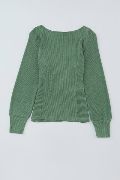 Green U Neck Textured Long Sleeve Top-Tops-MomFashion