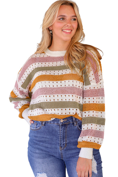 Multicolor Striped Hollowed Knitted Loose Sweater-Tops-MomFashion