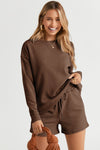 Brown Textured Long Sleeve Top and Drawstring Shorts Set-Loungewear-MomFashion