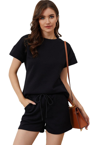 Black 2pcs Solid Textured Drawstring Shorts Set-Loungewear-MomFashion