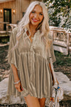 Pale Khaki 3/4 Sleeve Tunic Babydoll Velvet Shirt-Tops-MomFashion