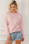 Pink Chenille Daisy Stitching Crew Neck Sweater-Tops-MomFashion