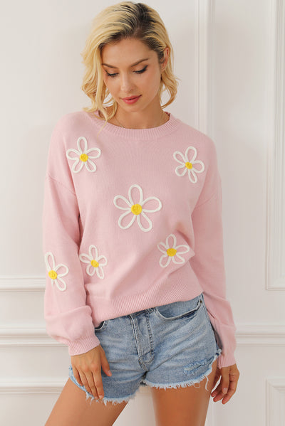 Pink Chenille Daisy Stitching Crew Neck Sweater-Tops-MomFashion