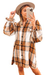 Khaki Plaid Pattern Collared Neck Ruffled Sleeve Shirt Dress-Dresses-MomFashion