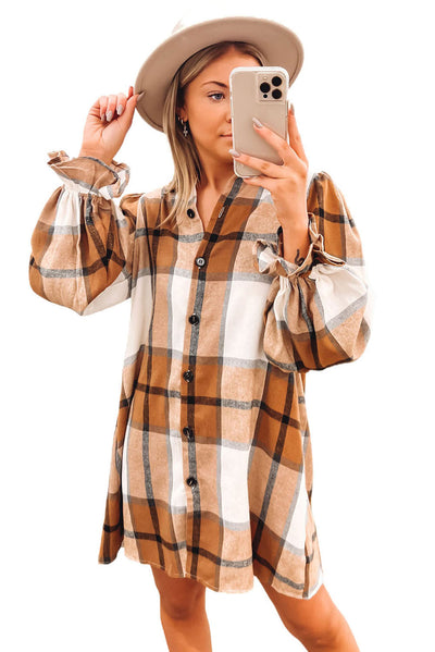 Khaki Plaid Pattern Collared Neck Ruffled Sleeve Shirt Dress-Dresses-MomFashion