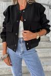 Black Big Pockets Baseball Collar Jacket-Outerwear-MomFashion