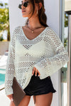 White Hollow Out Crochet V Neck Pullover Sweater-Swimwear-MomFashion