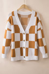 Brown Contrast Checkered Print Button Up Sweater Cardigan-Tops-MomFashion