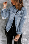 Sky Blue Lapel Distressed Raw Hem Buttons Denim Jacket-Outerwear-MomFashion