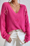 Rose Red Pearl Embellished Fuzzy Hearts V Neck Sweater-Tops-MomFashion