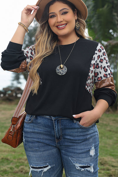 Black Leopard Sequin Patch Plus Size Long Sleeve Top-Plus Size-MomFashion