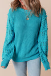 Turquoise Ruffled Eyelet Bubble Sleeve Sweater-Sweaters & Cardigans/Sweaters-MomFashion