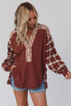 Fiery Red Floral Plaid Mixed Print Bishop Sleeve Patchwork Top-Tops-MomFashion